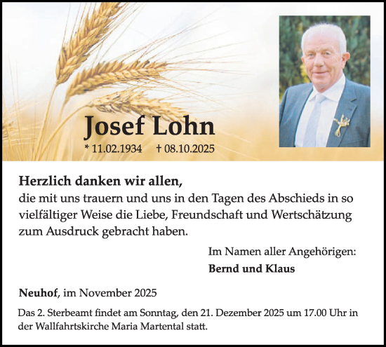Traueranzeige von Josef Lohn von WochenSpiegel