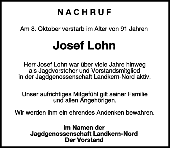 Traueranzeige von Josef Lohn von WochenSpiegel