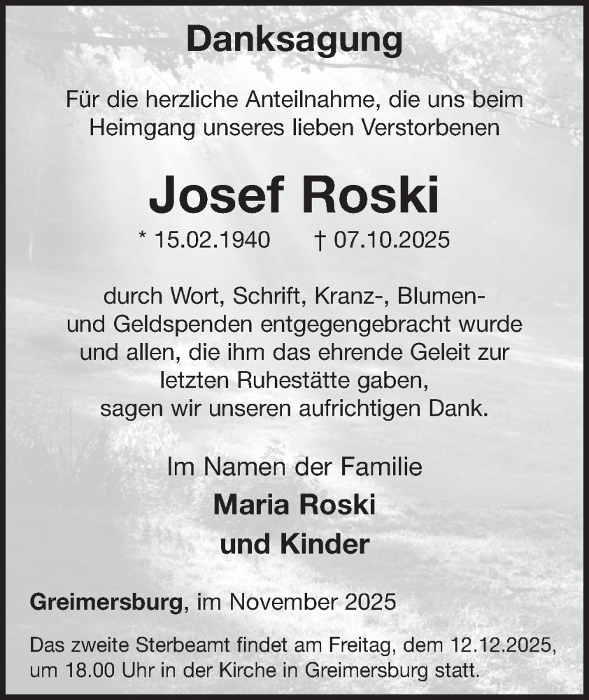  Traueranzeige für Josef Roski vom 19.11.2025 aus WochenSpiegel
