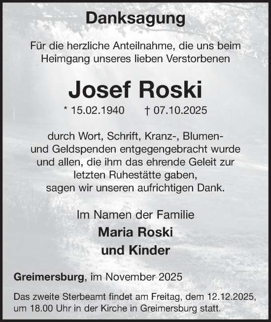 Traueranzeige von Josef Roski von WochenSpiegel