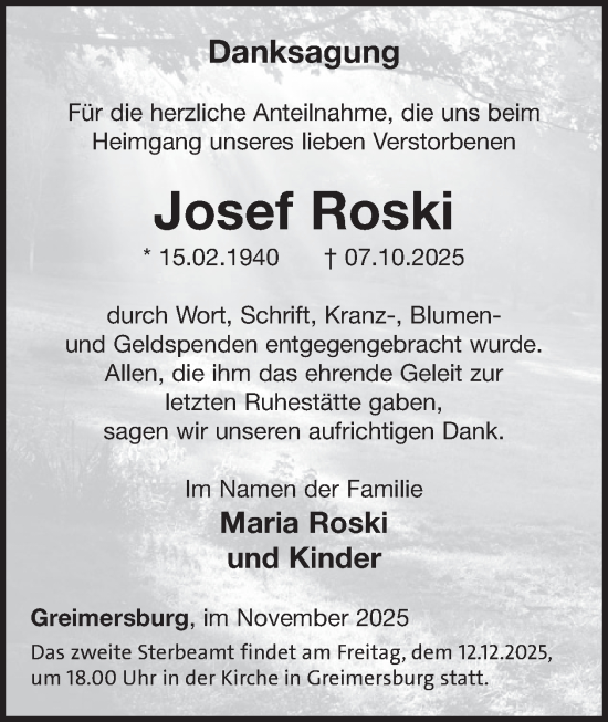 Traueranzeige von Josef Roski von WochenSpiegel