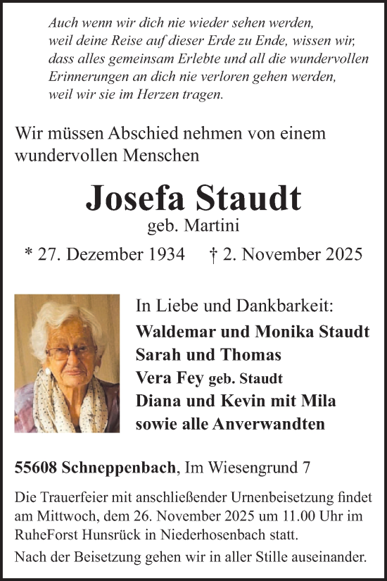 Traueranzeige von Josefa Staudt von WochenSpiegel