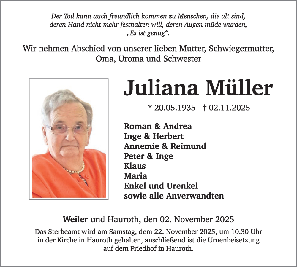  Traueranzeige für Juliana Müller vom 12.11.2025 aus WochenSpiegel