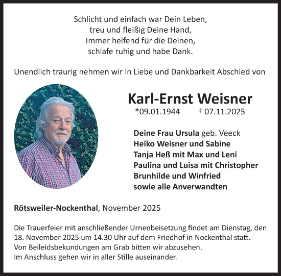 Traueranzeige von Karl-Ernst Weisner von WochenSpiegel