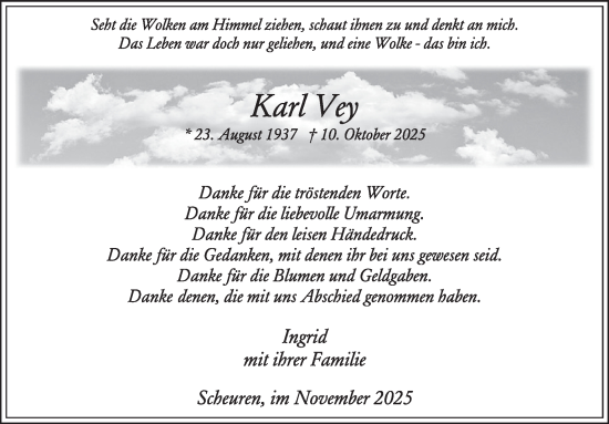 Traueranzeige von Karl Vey von WochenSpiegel