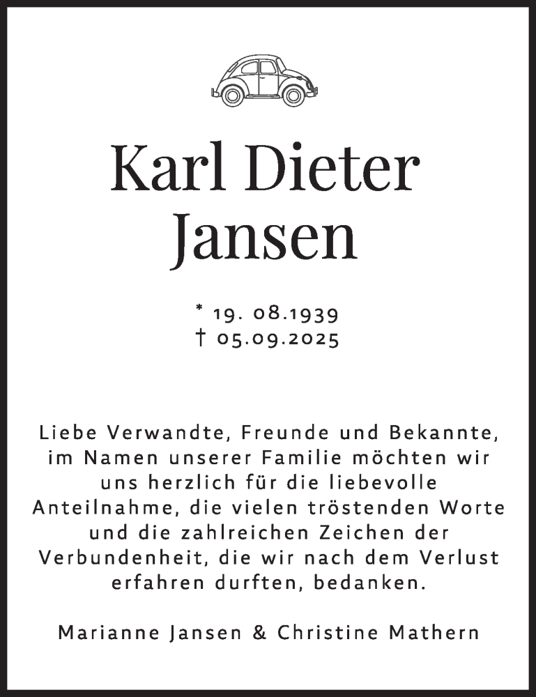  Traueranzeige für Karl Dieter Jansen vom 29.11.2025 aus WochenSpiegel