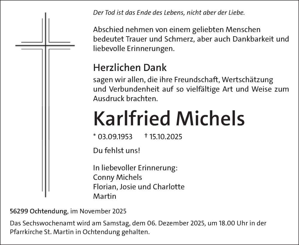  Traueranzeige für Karlfried Michels vom 26.11.2025 aus WochenSpiegel
