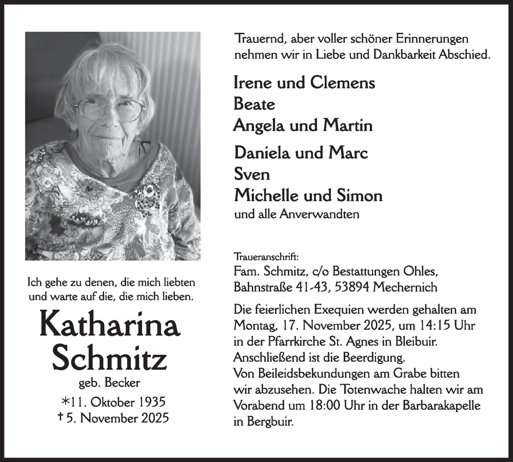  Traueranzeige für Katharina Schmitz vom 12.11.2025 aus WochenSpiegel