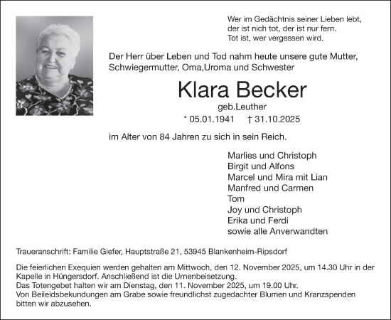 Traueranzeige von Klara Becker von WochenSpiegel