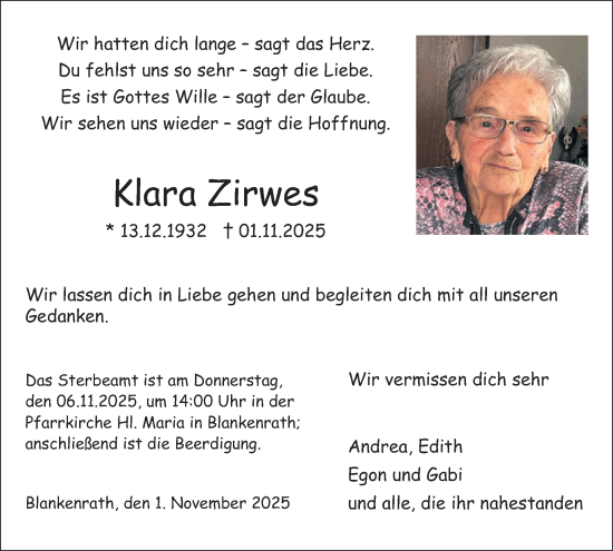 Traueranzeige von Klara Zirwes von WochenSpiegel
