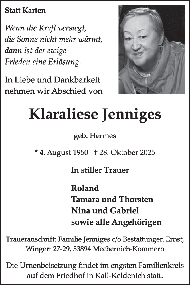  Traueranzeige für Klaraliese Jenniges vom 19.11.2025 aus WochenSpiegel