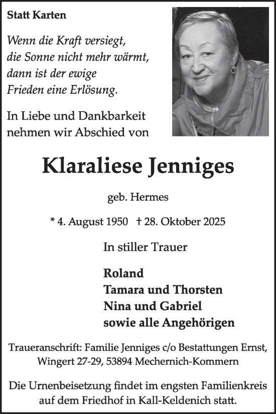 Traueranzeige von Klaraliese Jenniges von WochenSpiegel