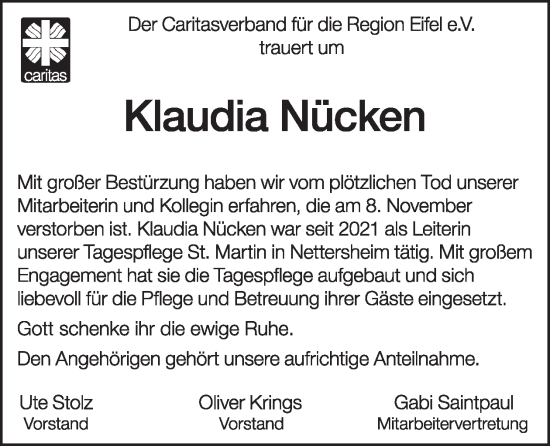 Traueranzeige von Klaudia Nücken von WochenSpiegel