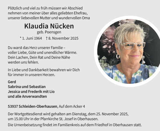 Traueranzeige von Klaudia Nücken von WochenSpiegel
