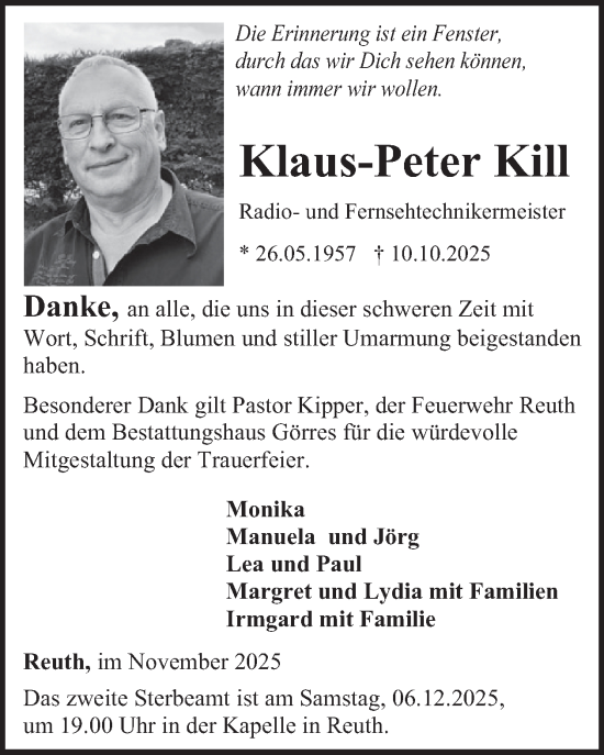 Traueranzeige von Klaus-Peter Kill von WochenSpiegel