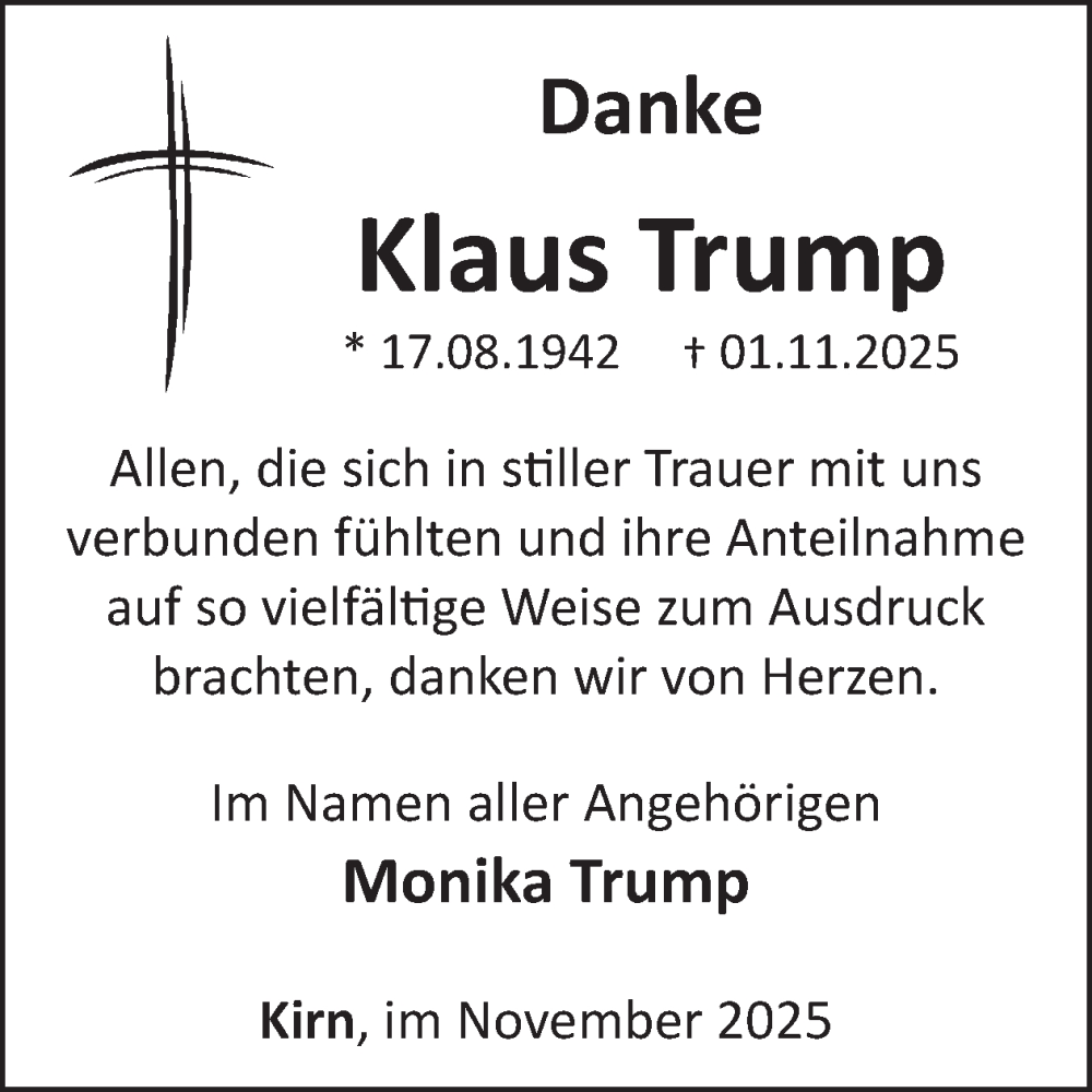  Traueranzeige für Klaus Trump vom 29.11.2025 aus WochenSpiegel