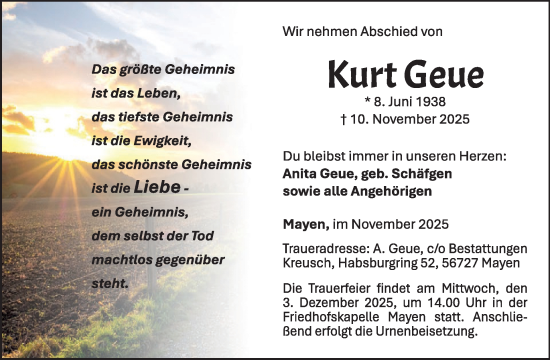 Traueranzeige von Kurt Geue von WochenSpiegel