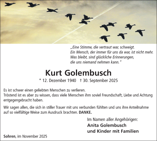 Traueranzeige von Kurt Golembusch von WochenSpiegel