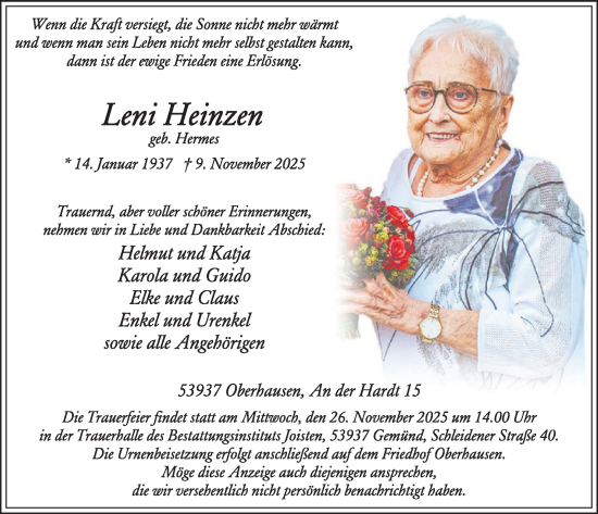 Traueranzeige von Leni Heinzen von WochenSpiegel
