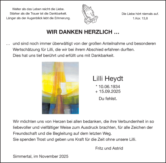 Traueranzeige von Lilli Heydt von WochenSpiegel