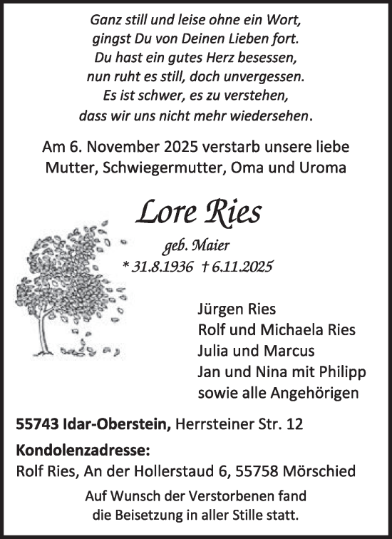 Traueranzeige von Lore Ries von WochenSpiegel