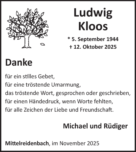 Traueranzeige von Ludwig Kloos von WochenSpiegel