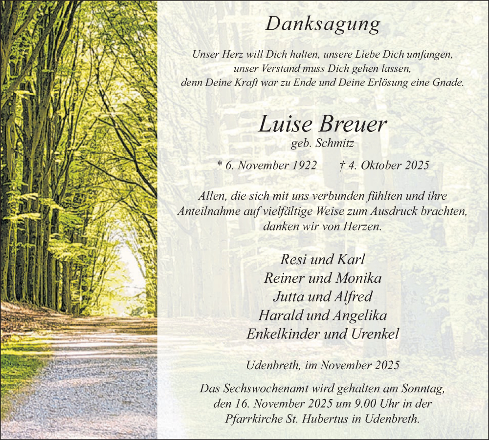  Traueranzeige für Luise Breuer vom 12.11.2025 aus WochenSpiegel