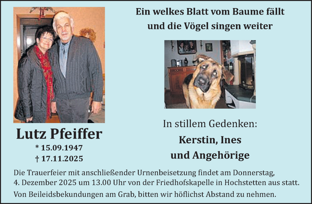  Traueranzeige für Lutz Pfeiffer vom 29.11.2025 aus WochenSpiegel