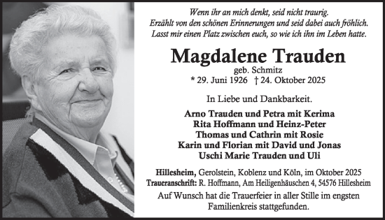 Traueranzeige von Magdalene Trauden von WochenSpiegel