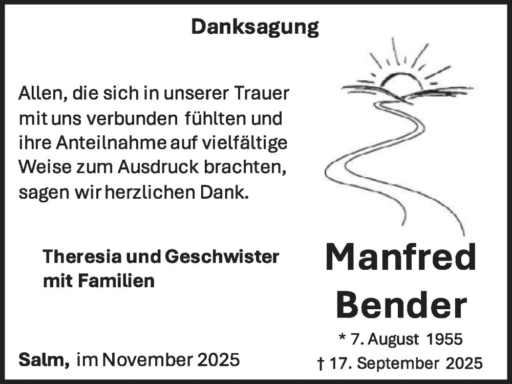  Traueranzeige für Manfred Bender vom 08.11.2025 aus WochenSpiegel