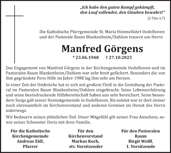 Traueranzeige von Manfred Görgens von WochenSpiegel