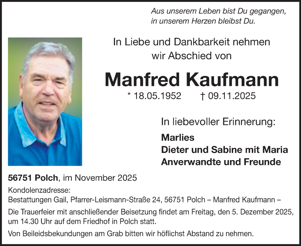  Traueranzeige für Manfred Kaufmann vom 26.11.2025 aus WochenSpiegel