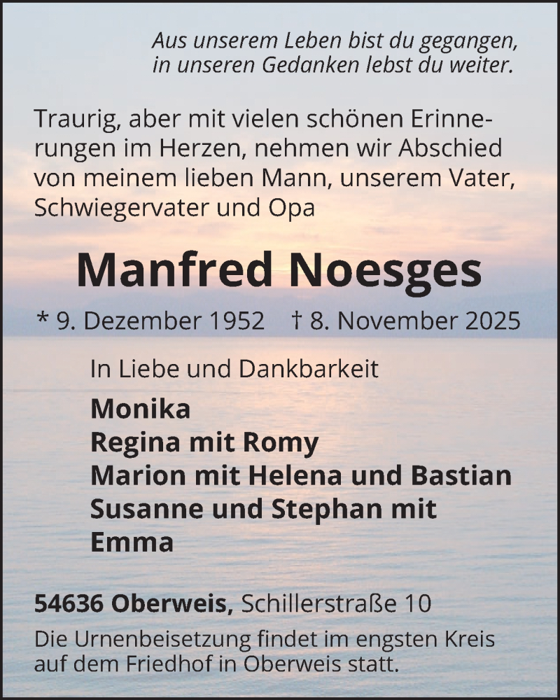  Traueranzeige für Manfred Noesges vom 14.11.2025 aus WochenSpiegel