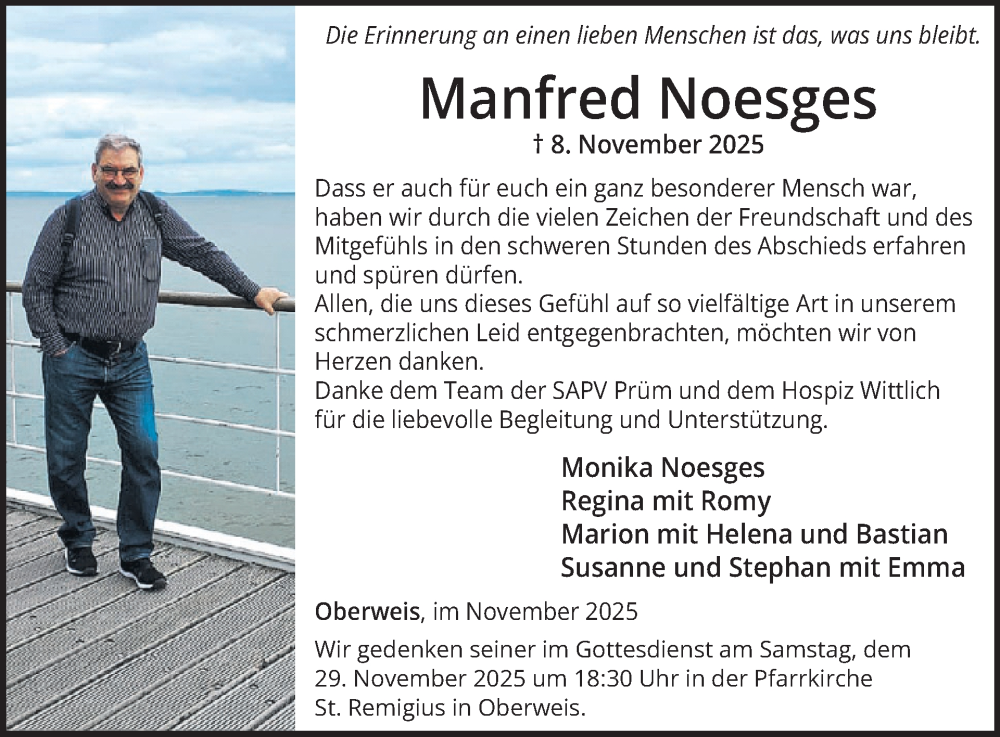  Traueranzeige für Manfred Noesges vom 28.11.2025 aus WochenSpiegel