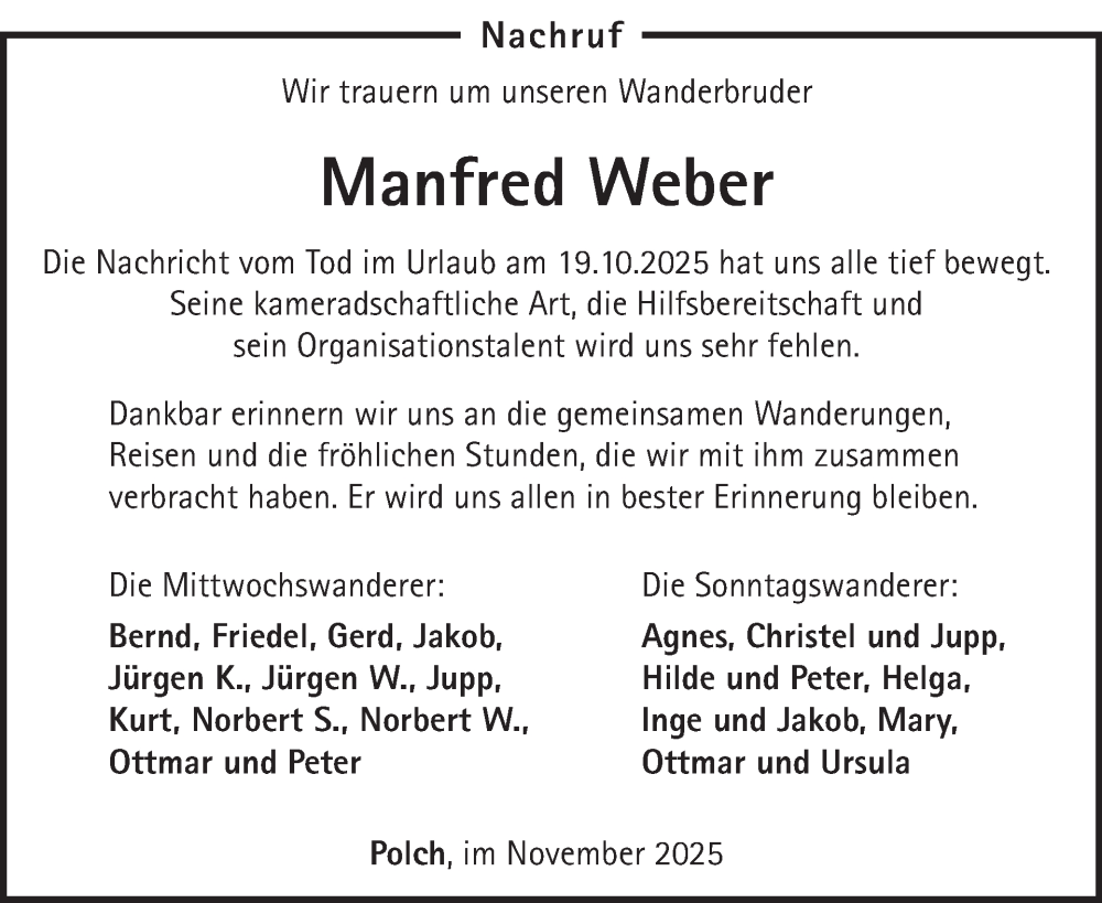  Traueranzeige für Manfred Weber vom 19.11.2025 aus WochenSpiegel