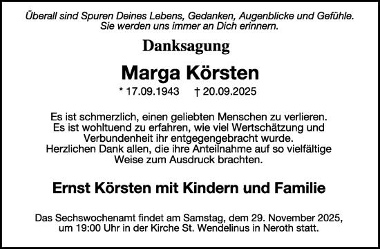 Traueranzeige von Marga Körsten von WochenSpiegel