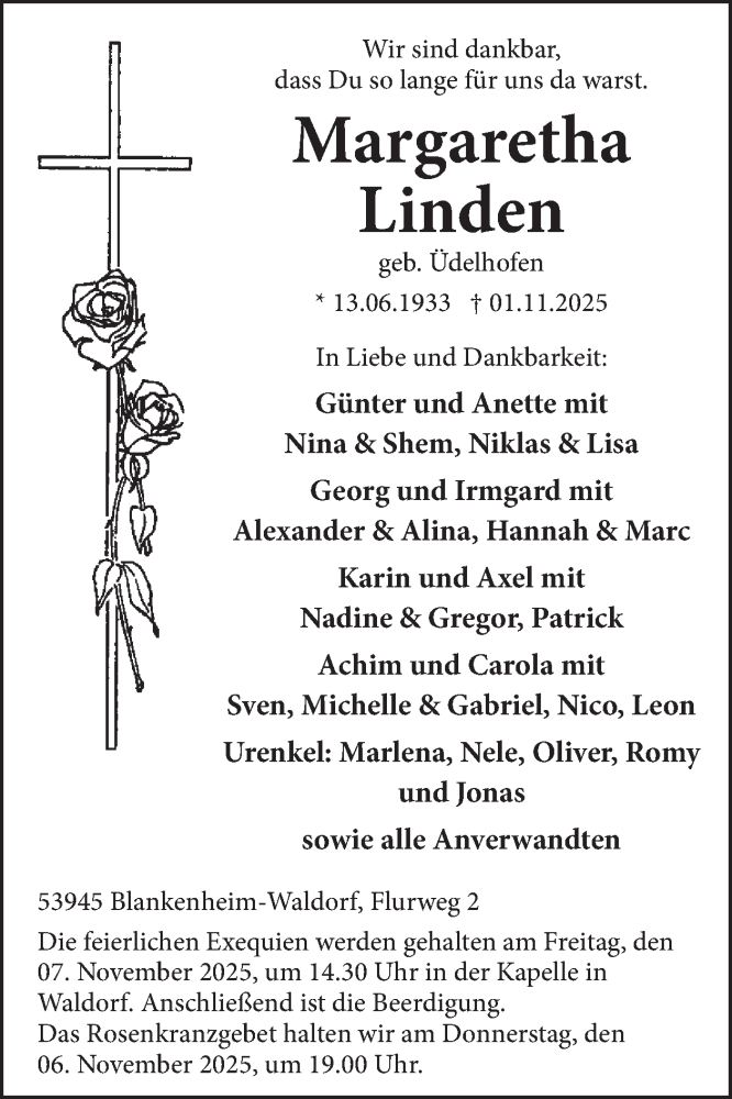  Traueranzeige für Margaretha Linden vom 05.11.2025 aus WochenSpiegel