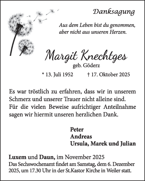 Traueranzeige von Margit Knechtges von WochenSpiegel