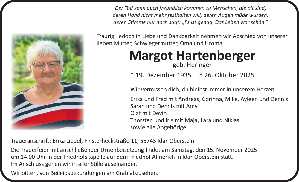  Traueranzeige für Margot Hartenberger vom 08.11.2025 aus WochenSpiegel