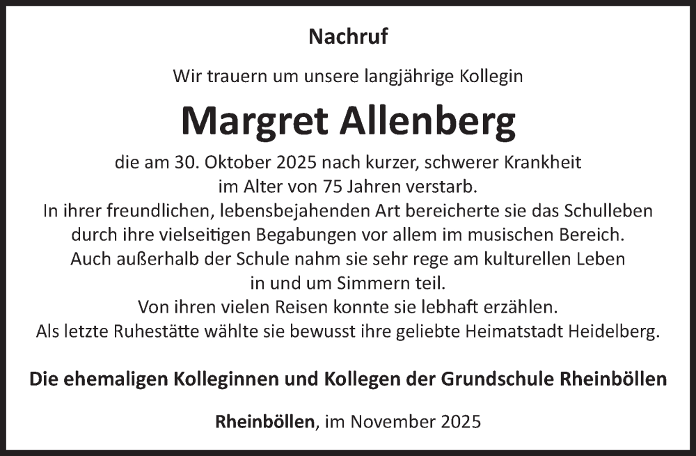 Traueranzeige für Margret Allenberg vom 29.11.2025 aus WochenSpiegel