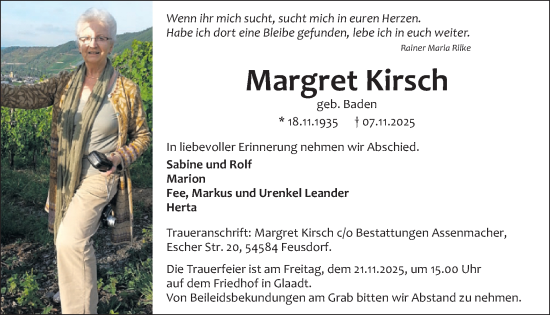 Traueranzeige von Margret Kirsch von WochenSpiegel