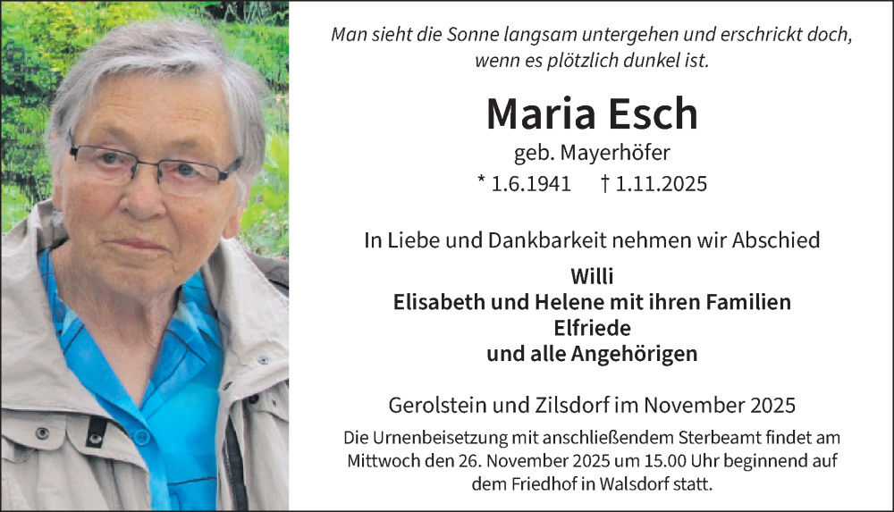  Traueranzeige für Maria Esch vom 15.11.2025 aus WochenSpiegel