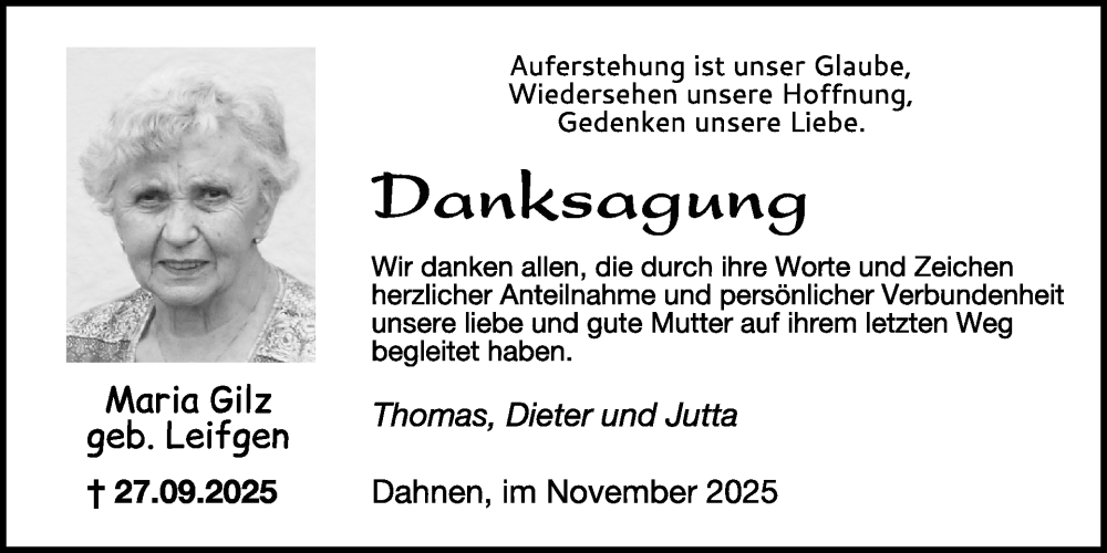  Traueranzeige für Maria Gilz vom 28.11.2025 aus WochenSpiegel
