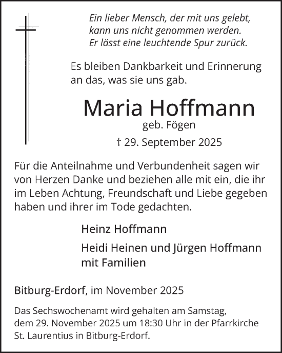 Traueranzeige von Maria Hoffmann von WochenSpiegel