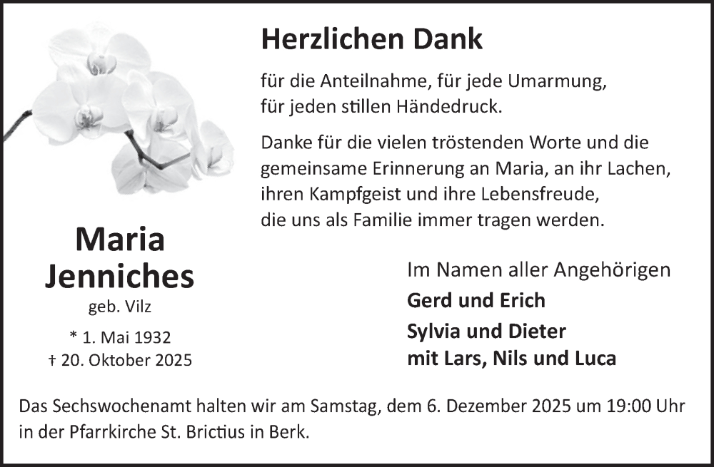  Traueranzeige für Maria Jenniches vom 26.11.2025 aus WochenSpiegel
