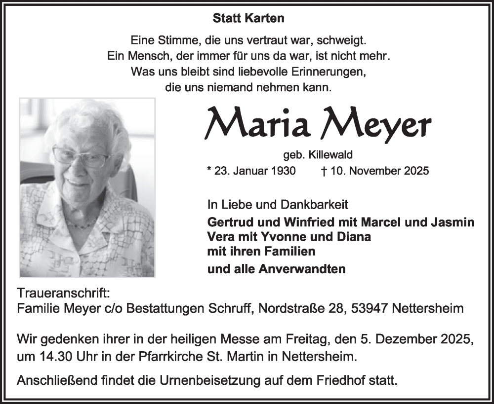  Traueranzeige für Maria Meyer vom 26.11.2025 aus WochenSpiegel