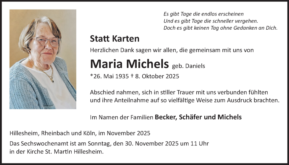  Traueranzeige für Maria Michels vom 22.11.2025 aus WochenSpiegel