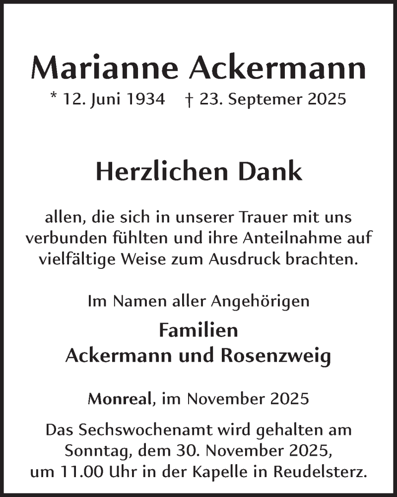  Traueranzeige für Marianne Ackermann vom 26.11.2025 aus WochenSpiegel