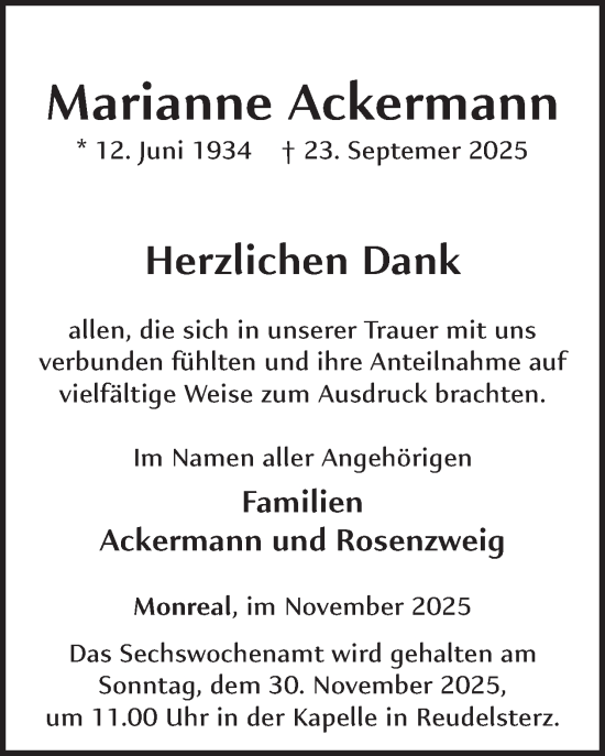Traueranzeige von Marianne Ackermann von WochenSpiegel