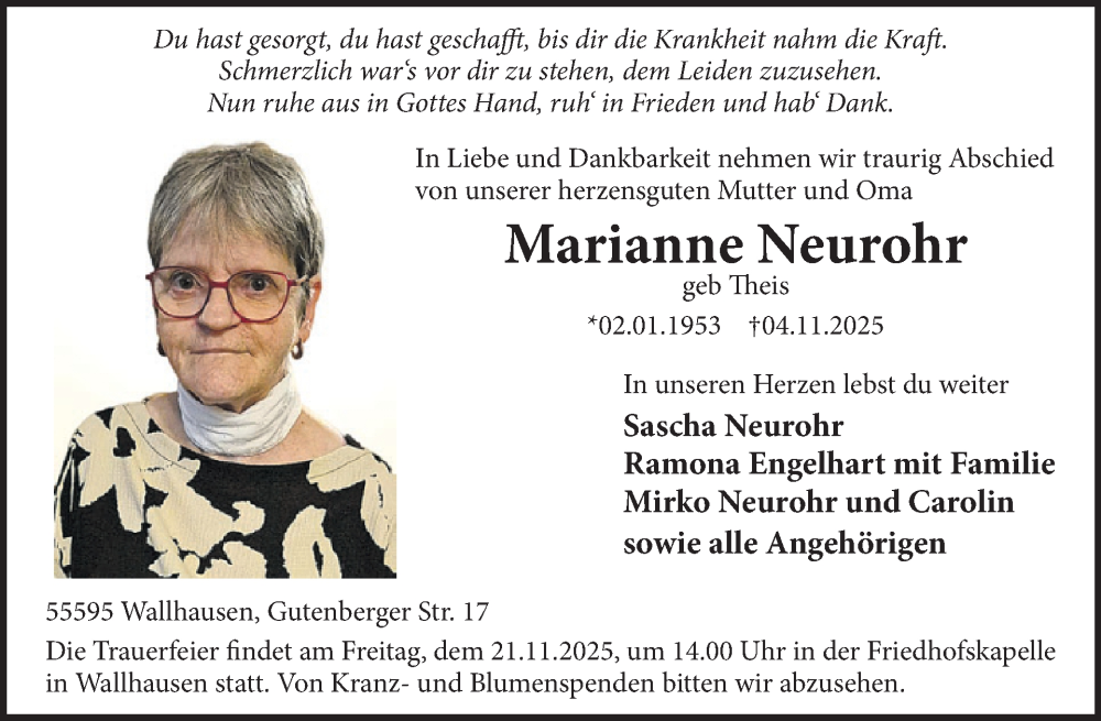  Traueranzeige für Marianne Neurohr vom 15.11.2025 aus WochenSpiegel
